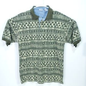 Vintage Bugle Boy Polo Shirt Men Size Large Hawaiian/Forest All Over Print
